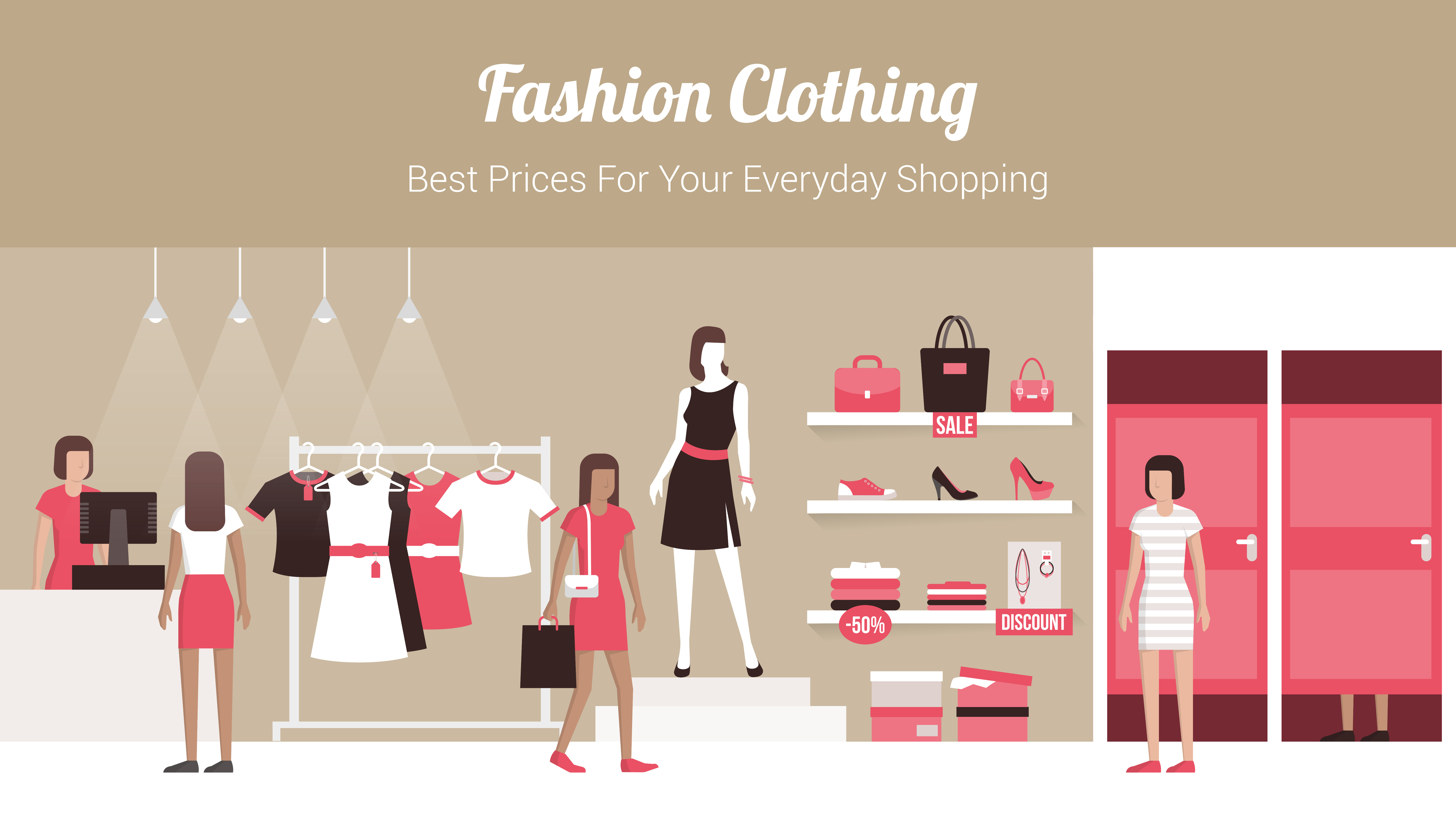 Fashion clothing store banner with shop interior, clothing on hangers and shelves, fitting rooms and customers buying products